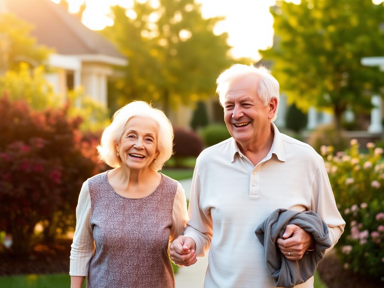 Senior couple walking in a garden